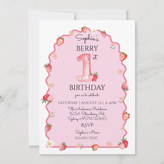 かわいいベリーの最初の誕生日の波打ち 招待状 (正面)