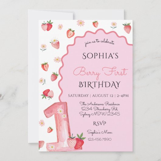 かわいいベリーウェーブファースト1歳の誕生日 招待状 (正面)