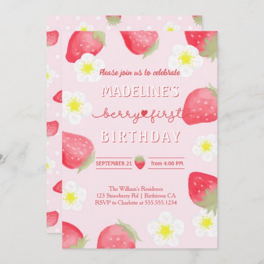 かわいいベリースイートストロベリーの誕生日 招待状 (正面/裏面)