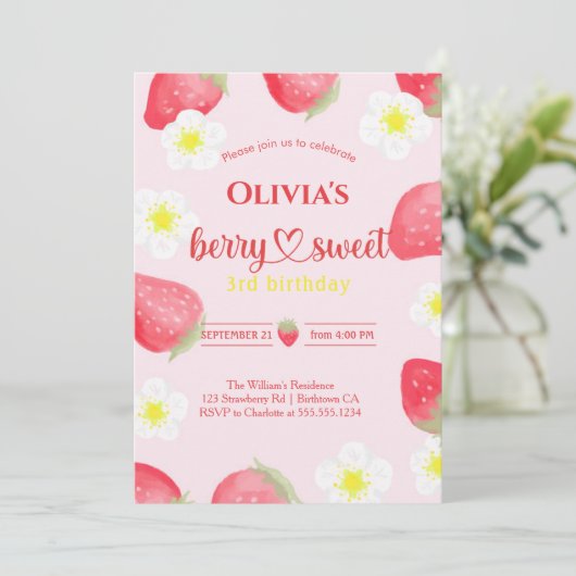 かわいいベリースイートストロベリーバースデーパーティー 招待状 (スタンド正面)
