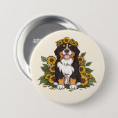 かわいいベルナーゼン牧羊犬のひまわりの花冠 缶バッジ (正面&裏面)