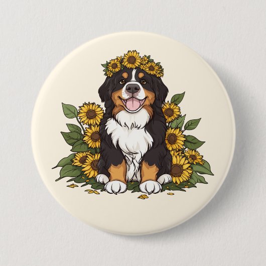 かわいいベルナーゼン牧羊犬のひまわりの花冠 缶バッジ (正面)