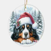 かわいいベルネーズマウンテンドッグサンタハットウォーター色 セラミックオーナメント (左)