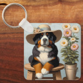 かわいいベルネーゼ山犬の帽子と花 キーホルダー (正面)