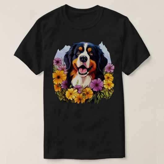 かわいいベルネーゼ山犬イン春フラワーガーデン Tシャツ (デザイン正面)