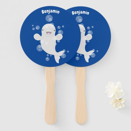 かわいいベルーガの泡の漫画イラストレーション ハンドファン (正面&裏面)