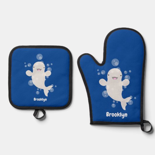かわいいベルーガの泡の漫画イラストレーション 鍋つかみ&鍋敷きセット (正面)
