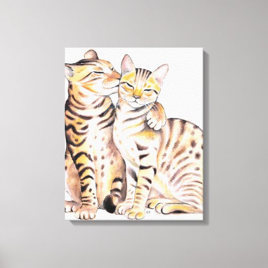 かわいいベンガル猫たち2匹の水彩画 キャンバスプリント (正面)