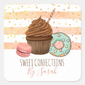 かわいいベーカリーウォーターカラーデザートグリッターバラ金ゴールド スクエアシール (正面)