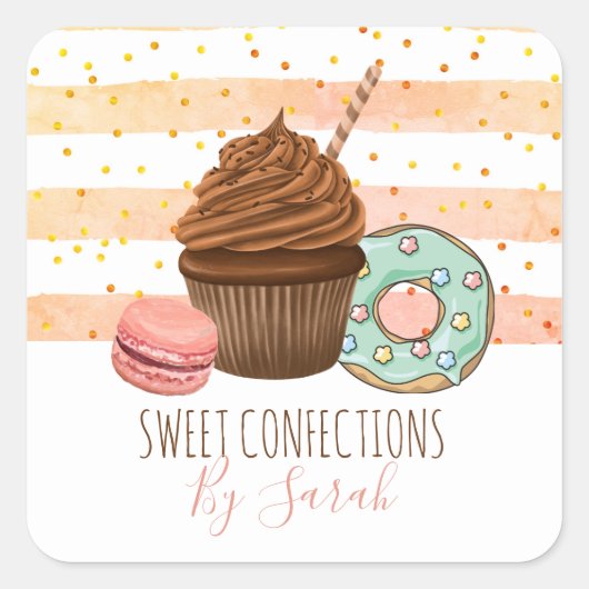 かわいいベーカリーウォーターカラーデザートグリッターバラ金ゴールド スクエアシール (正面)