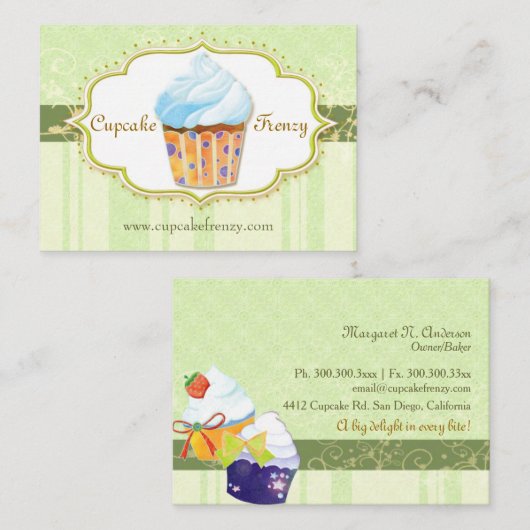 かわいいベーカリーカップケーキグリーン 名刺 (正面/裏面)