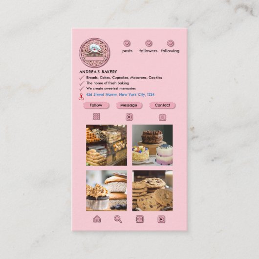 かわいいベーカリートレンディーインスタグラム赤面ピンク写真の追加 名刺 (正面)