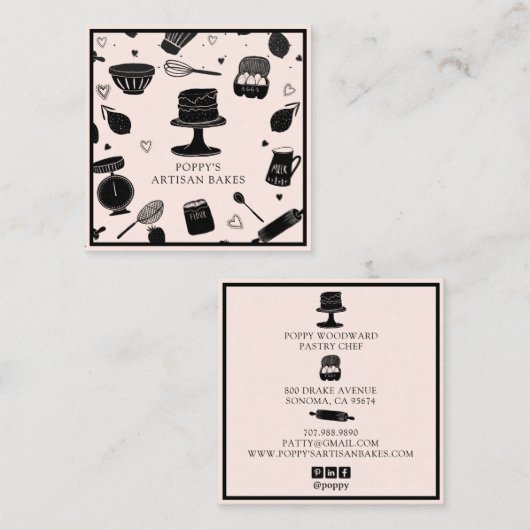 かわいいベーカーのシェフベーキング器ピンクブラック スクエア名刺 (正面/裏面)
