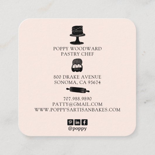 かわいいベーカーのシェフベーキング器ピンクブラック スクエア名刺 (裏面)