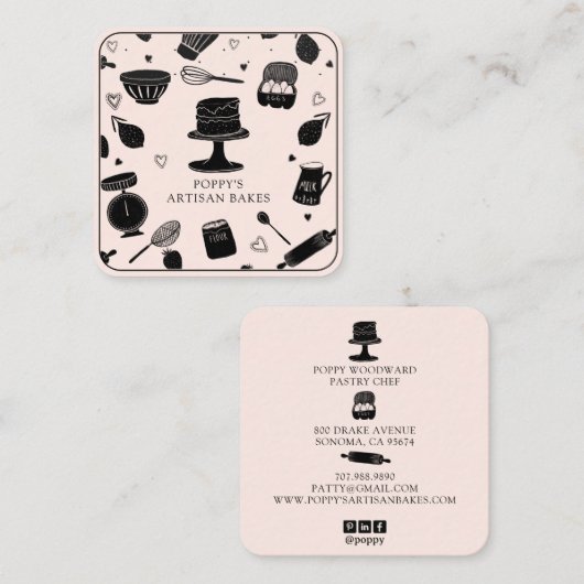 かわいいベーカーのシェフベーキング器ピンクブラック スクエア名刺 (正面/裏面)