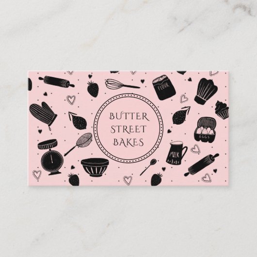 かわいいベーカーのシェフベーキング器ピンクブラック 名刺 (正面)
