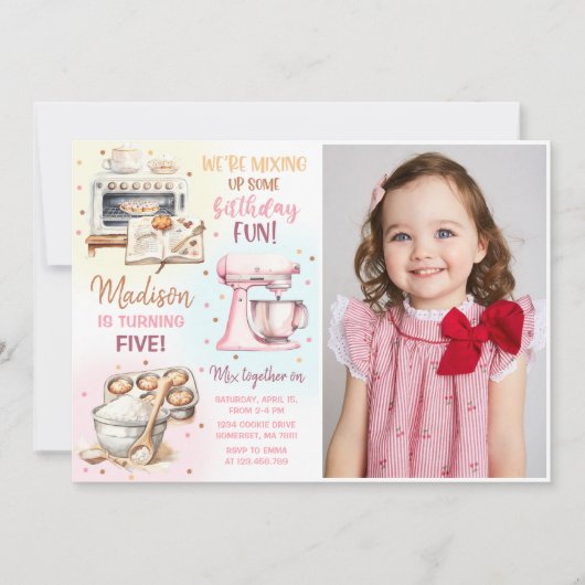 かわいいベーキングパーティーガールズ誕生日写真 招待状 (正面)