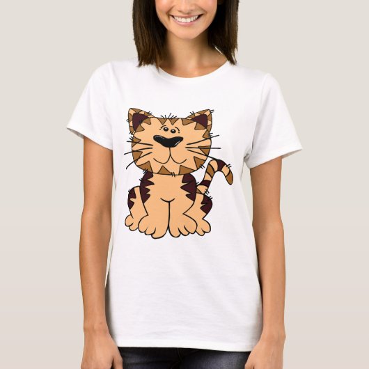 かわいいベージュと茶色の大頭猫 Tシャツ (正面)