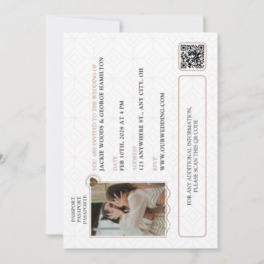 かわいいベージュのパスポートユニーク目的地の結婚式 招待状 (裏面)