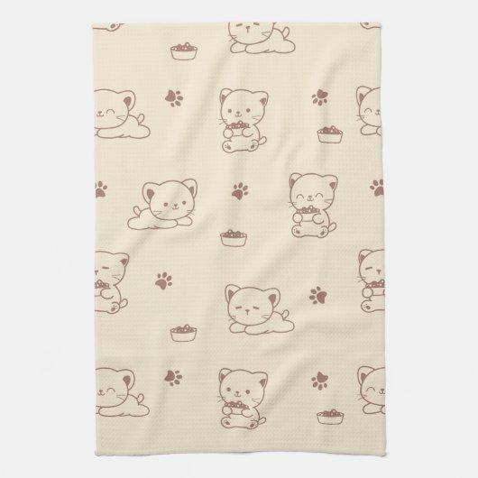 かわいいベージュの猫のパターン (1) キッチンタオル (縦)
