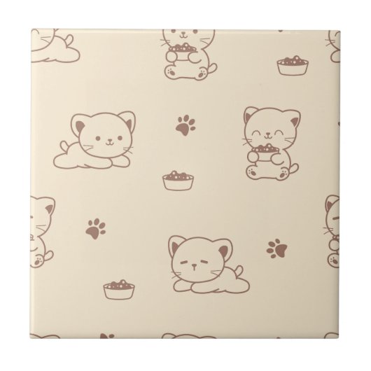 かわいいベージュの猫のパターン (1) タイル (正面)