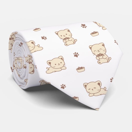 かわいいベージュの猫柄 (2) ネクタイ (ロール)