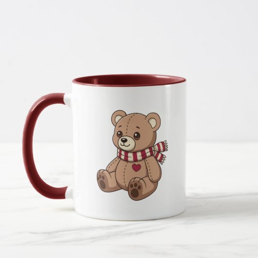 かわいいベージュの縞々マフラーテディベア マグカップ (左)