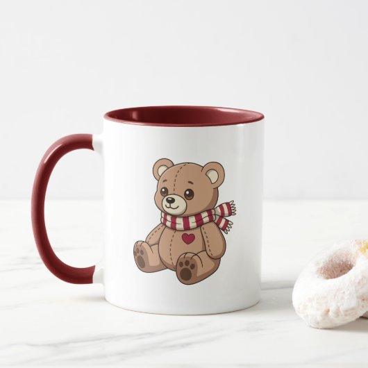 かわいいベージュの縞々マフラーテディベア マグカップ (ドーナツ)
