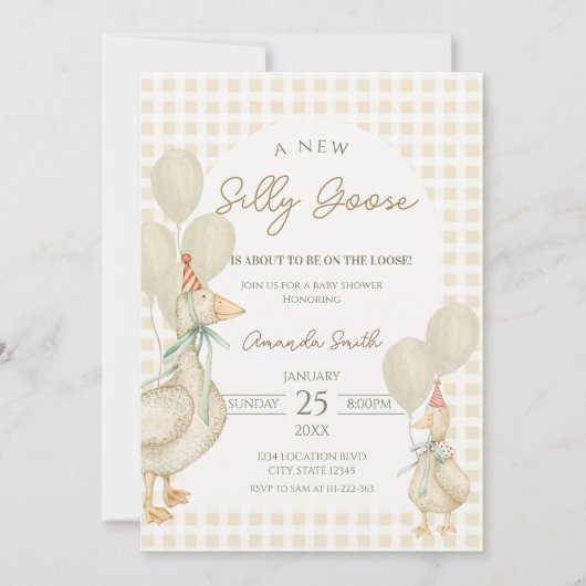 かわいいベージュ間抜けグースベイビーシャワー 招待状 (正面)