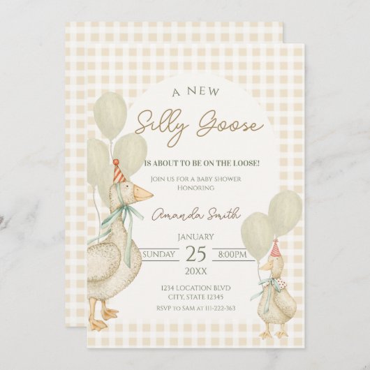 かわいいベージュ間抜けグースベイビーシャワー 招待状 (正面/裏面)