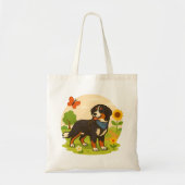 かわいいベーゼンベルガーの山岳犬とひまわりとバター トートバッグ (正面)