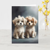 かわいいペアの兄弟姉妹子犬のポートレートフリ最高のーズ カード (黄色い花)