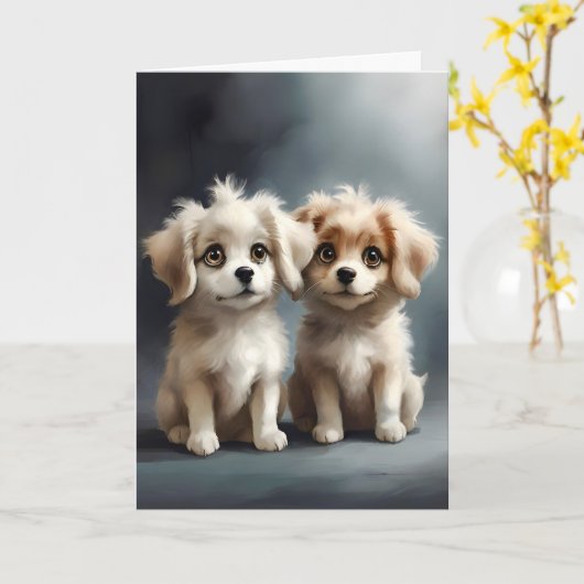 かわいいペアの兄弟姉妹子犬のポートレートフリ最高のーズ カード (黄色い花)