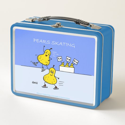かわいいペア姿スケートで滑るおもしろい梨の漫画 メタルランチボックス (正面)