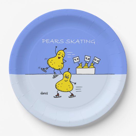 かわいいペア姿スケートで滑るおもしろい梨 ペーパープレート (正面)