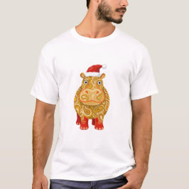 かわいいペイズリー渦巻きデザインのカバのサンタTシャツ Tシャツ