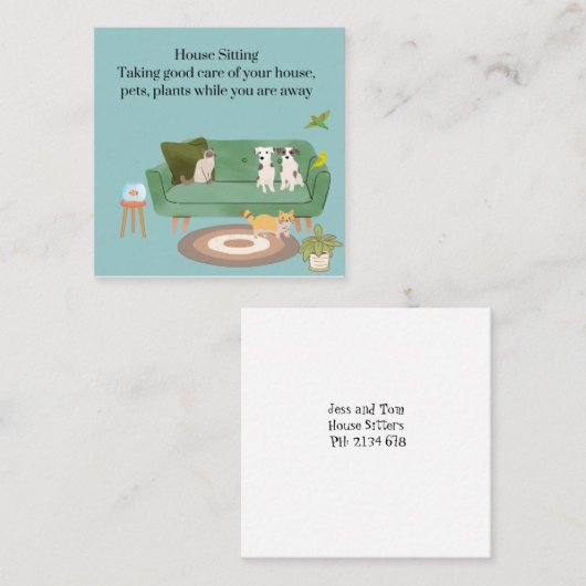 かわいいペットと家に座る名刺 スクエア名刺 (正面/裏面)