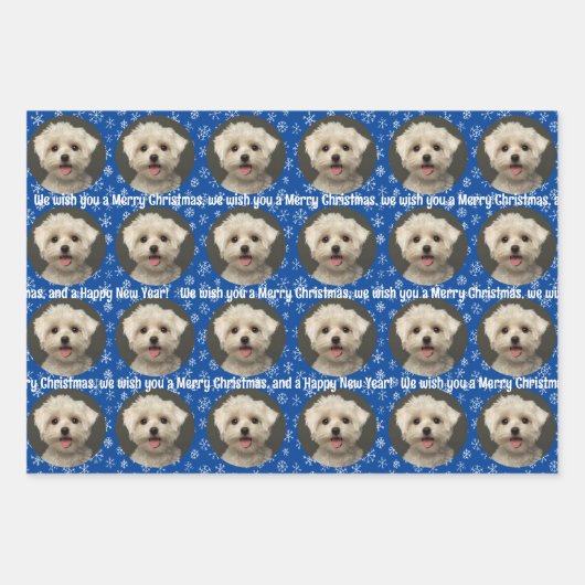 かわいいペットの写真パターン雪の結晶メリークリスマス ラッピングペーパーシート (正面3)