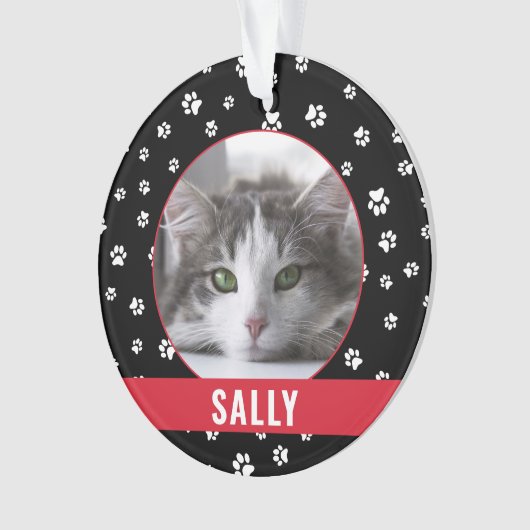 かわいいペットの足で赤い猫パーソナライズされたの名前がプリント オーナメント (正面)