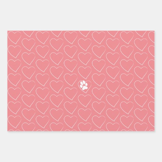 かわいいペットの足はティール(緑がかった色)、サンゴ、紫にハートをプリント ラッピングペーパーシート (正面3)