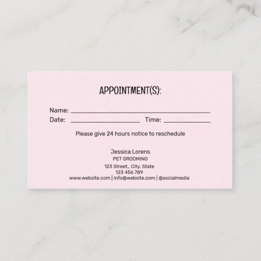 かわいいペットケアサービス次アポイントメントトリマー 名刺 (裏面)