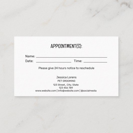 かわいいペットケアサービス次アポイントメントトリマー 名刺 (裏面)