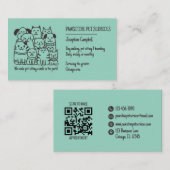 かわいいペットシッターティール(緑がかった色)猫犬QRコード 名刺 (正面/裏面)