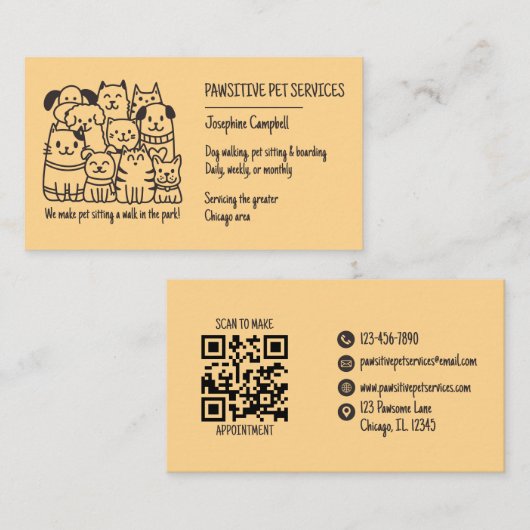 かわいいペットシッター黄色い猫犬QRコード 名刺 (正面/裏面)