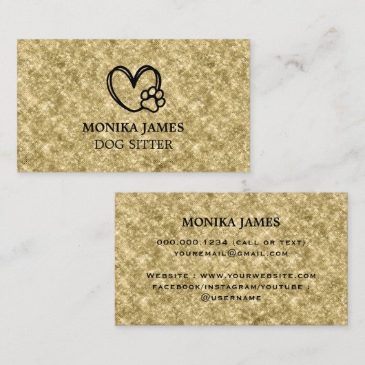 かわいいペット座ってハート犬の足のロゴ金ゴールドグリッター 名刺 (正面/裏面)