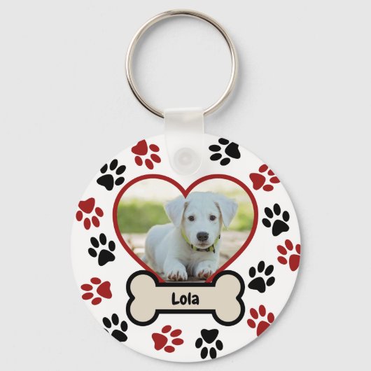 かわいいペット犬の写真ハート赤と黒の前足のパターン キーホルダー (正面)