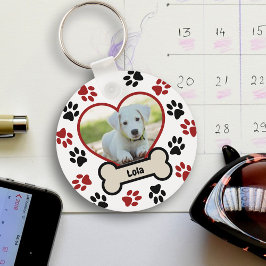 かわいいペット犬の写真ハート赤と黒の前足のパターン キーホルダー