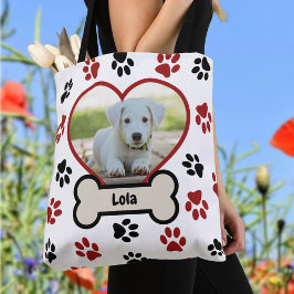 かわいいペット犬の写真ハート赤と黒の前足のパターン トートバッグ