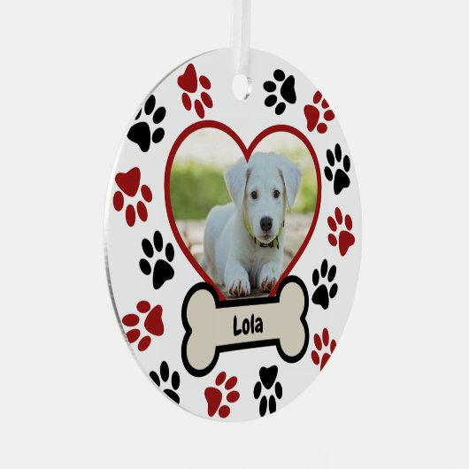 かわいいペット犬の写真ハート赤と黒の前足のパターン メタルオーナメント (正面右)