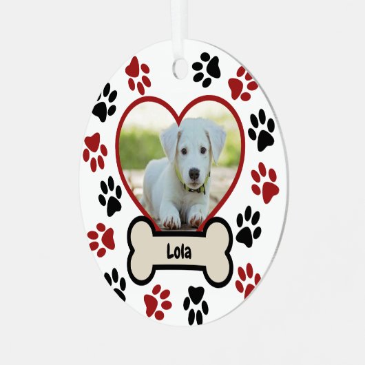 かわいいペット犬の写真ハート赤と黒の前足のパターン メタルオーナメント (正面左)
